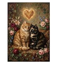 Kalp Işıklı İki Kedi Sarılan Romantik Dekoratif Kanvas - Mdf Ahşap Tablo