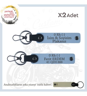 Yol Arkadaşlarına, İsim Plaka ve 0 Rh - Kan Grubu Yazılı Acil Durum 2'li Anahtarlık Takımı, Mavi-SK (Çok Renkli)