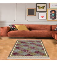Geometrik Karo Desenli Dijital Baskı Yıkanabilir Kaymaz Taban Modern Salon Halısı ve Yolluk (Bordo)