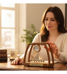 Kişiye Özel İsim Yazılı Ahşap Newton's Cradle Masa Saati ve Dekoratif Ofis Aksesuarı