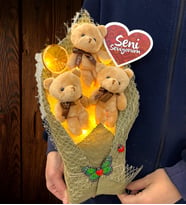 Seni Seviyorum Led Işıklı Kahve Ayıcıklı Peluş Ayıcık Buketi Doğum Günü Hediyesi (Model 1)