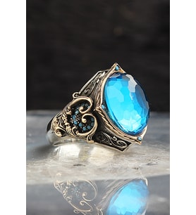 Blue Topaz Taşlı 925 Ayar Erkek Gümüş Yüzük