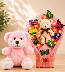 LED Işıklı Peluş Ayıcık Buketi ve Pembe Peluş Ayıcık Sevgiliye Arkadaşa Anneye Kadına Hediye