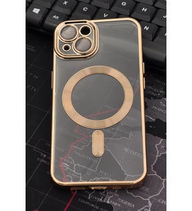 iPhone 13 Uyumlu MagSafe Özellikli Altın Sarı Gold Renkli Kenarlı Lazerli Şeffaf Kılıf Lens Korumalı (Renksiz)