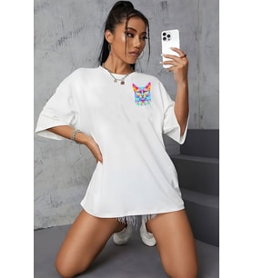Kedi Göğüs Baskılı Unisex Pamuklu Oversize Tişört (Beyaz)