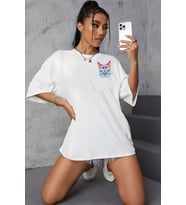 Kedi Göğüs Baskılı Unisex Pamuklu Oversize Tişört (Beyaz)