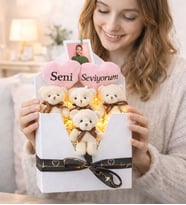 Kadınlar Gününe Özel Seni Seviyorum Tasarımlı,Fotoğraflı Peluş Krem Ayıcık Buketi Mektup Kutu Seti