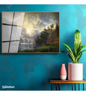 Altın Renk Metal Çerçeveli Tamperli Cam Tablo Albert Bierstadt Yosemite Vadisi Şelale ve Göl Işık Ressam Tablosu Dekoru
