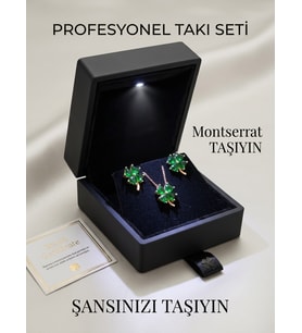 925 Ayar Gümüş Papatya Silver Özel Tasarım Yeşil Taşlı Yonca Kolye Küpe Set.rose.gold.rodaj