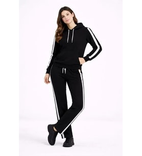 KADIN Yandan Şeritli Eşofman Takım Kapüşonlu Sweatshirt Boru Paça Alt, Oversize 3 Iplik Pamuklu - Siyah