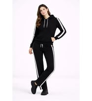 KADIN Yandan Şeritli Eşofman Takım Kapüşonlu Sweatshirt Boru Paça Alt, Oversize 3 Iplik Pamuklu - Siyah