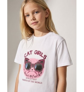 Kız Çocuk Cat Girls Baskılı T-shirt (Ekru)