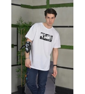 pilelistore- Unisex Bisiklet Yaka Baskılı Oversize T-Shirt - Beyaz