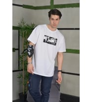 pilelistore- Unisex Bisiklet Yaka Baskılı Oversize T-Shirt - Beyaz