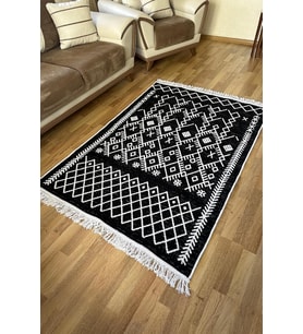 Çift Taraflı Yıkanabilir Saçaklı Salon Mutfak Yolluk Kilim SİYAH4 80 x 300