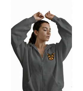 Kadın Yorkshire Terrier Baskılı Oversize Fermuarlı Hoodie (Gri)
