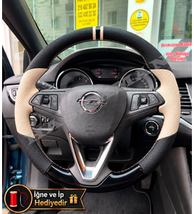 Opel Crossland Dikme Direksiyon Kılıfı Delikli Deri Parlak Siyah Bej Detay Çift Yüzük ve Dikiş 2017-2024