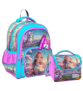Coral High Kız Çocuklara Özel İlkokul Çantası ve Beslenme Çantası Takım - Turkuaz Pembe Anime Kız