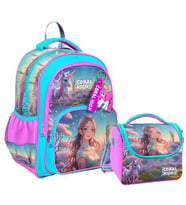 Coral High Kız Çocuklara Özel İlkokul Çantası ve Beslenme Çantası Takım - Turkuaz Pembe Anime Kız