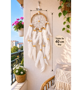 El Yapımı Beyaz Bohem Düş Kapanı – Doğal Hasır Kasnaklı Dekoratif Dream Catcher