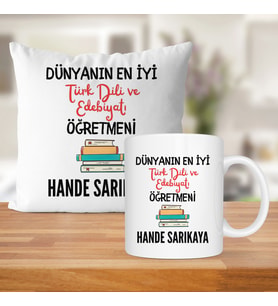 Dünyanın En İyi Edebiyat Öğretmeni Baskılı Kişiye Özel Kupa Bardak Ve Saten Yastık