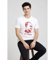Erkek Atatürk Baskılı Tişört Kısa Kollu Bisiklet Yaka T-Shirt - Beyaz