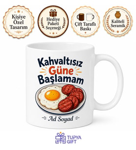 Yumurta Sucuk Temalı Komik Kahvaltı Kupası Bardak Esprili Hediye Baskılı Kupa