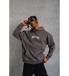 Erkek Kordon İpli Baskılı Kapüşonlu Sweatshirt - Füme