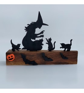 Woodensea Halloween Cadılar Bayramı Tatlı Cadı ve Kedileri Ahşap Biblo El Yapımı