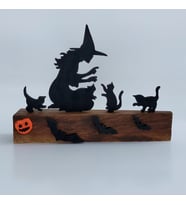 Woodensea Halloween Cadılar Bayramı Tatlı Cadı ve Kedileri Ahşap Biblo El Yapımı