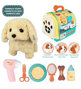 Sesli Yürüyen Taşıma Çantalı Hareketli Pilli Peluş Köpek Aksesuarlı Set Pet Shop Kafesli Taşınabilir (Krem)