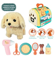 Sesli Yürüyen Taşıma Çantalı Hareketli Pilli Peluş Köpek Aksesuarlı Set Pet Shop Kafesli Taşınabilir (Krem)