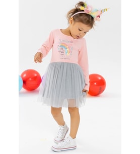 Breeze Kız Çocuk Uzun Kollu Elbise Gökkuşağı Baskılı 1.5-5 Yaş, Pudra