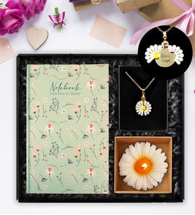 Tasarım Defter & Kişiye Özel Papatya Kolye & Papatya Mum Hediye Seti