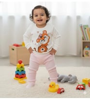 Kız Bebek Kedi Baskılı Çıt Çıtlı Alt Üst İkili Gündelik Takım (Pembe)
