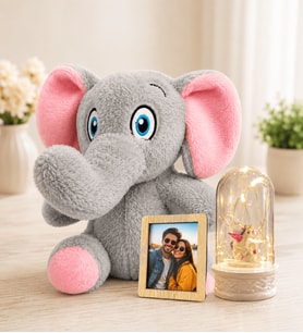 Kişiye Özel Fotoğraflı LED Işıklı Unicornlu Fanus ve Peluş Fil Kadına Sevgiliye Hediye
