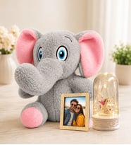 Kişiye Özel Fotoğraflı LED Işıklı Unicornlu Fanus ve Peluş Fil Kadına Sevgiliye Hediye