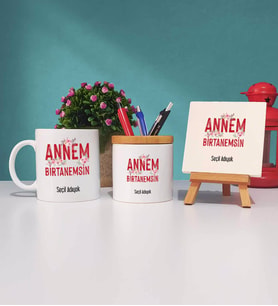Anneler Günü Hediyesi Anneye Hediye - 7 - Kupa Bardak Kalemlik ve Dekoratif Taş Baskı Hediye Seti