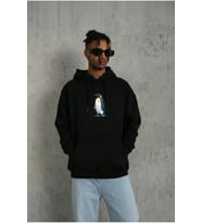 Siyah Oversize Hoodie - Sırt Baskılı Survivor Penguin Temalı, Felsefi Yazılı Kapüşonlu Sweatshirt - Siyah