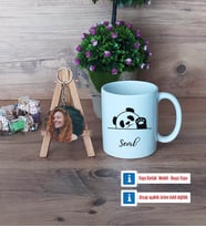 Sevimli Panda Kupa Bardak Beyaz ve Fotoğraflı Ahşap Anahtarlık Hediye (Model 1)