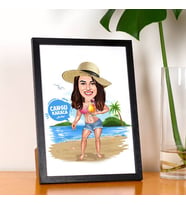 Kişiye Özel Tatildeki Şapkalı Kız Karikatürlü Resim Çerçevesi