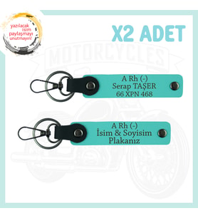 Turkuaz, Motor Plaka ve İsim Anahtarlığında! İsim Plaka ve A Rh (-) Kan Grubu Yazılı 2'li Anahtarlık