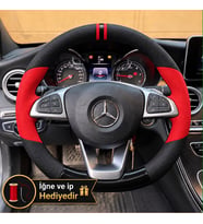 Mercedes B W246 Dikme Direksiyon Kılıfı Parlak Siyah Kırmızı Detaylı Kırmızı Çift Yüzük ve Dikiş 2014-2018