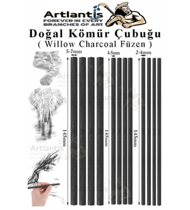 Kömür Çubukları Doğal Füzen 12 li 1 Paket Eskiz Karakalem Çizim Gölgeleme Kömürü Siyah Willow Charcoal Hobi Sanat