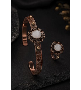 Kadın Bakır Bileklik Yüzük Set Doğal Yeşil Akik Taşlı Otantik Model Set