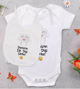 BK Kids Kişiye Özel İlk Diş Tasarımlı Bebek Body Zıbın ve Mama Önlüğü Hediye Seti - Model 1