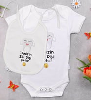 BK Kids Kişiye Özel İlk Diş Tasarımlı Bebek Body Zıbın ve Mama Önlüğü Hediye Seti - Model 1