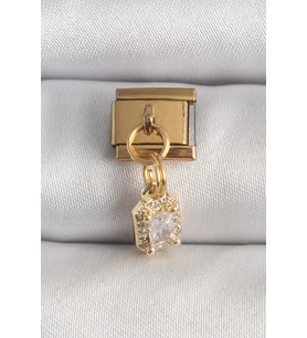 316L Çelik Gold Renk Sallantı Zirkon Taşlı Kare Model Nomination Charm 5886 - SSSSSS9043-4902