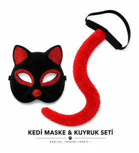 Kırmızı Kedi Maske ve Kuyruk Seti Parti Kostüm Aksesuarı