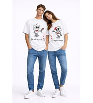 Sevgili Kombini Robot Baskılı Çift Tişört Oversize Unisex Partner Kombin Seti (Beyaz)